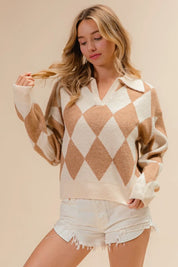 BiBi Diamond Pattern Collared Notch Neck Sweater | Sweaters Daverri Fashions