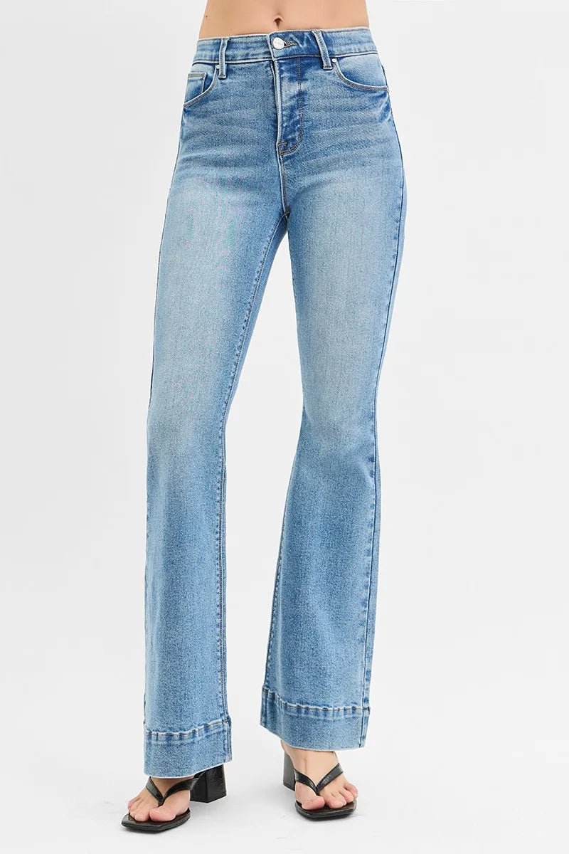 RISEN Full Size Tummy Control Elastic Band High Rise Flare Jeans Plus Size Jeans