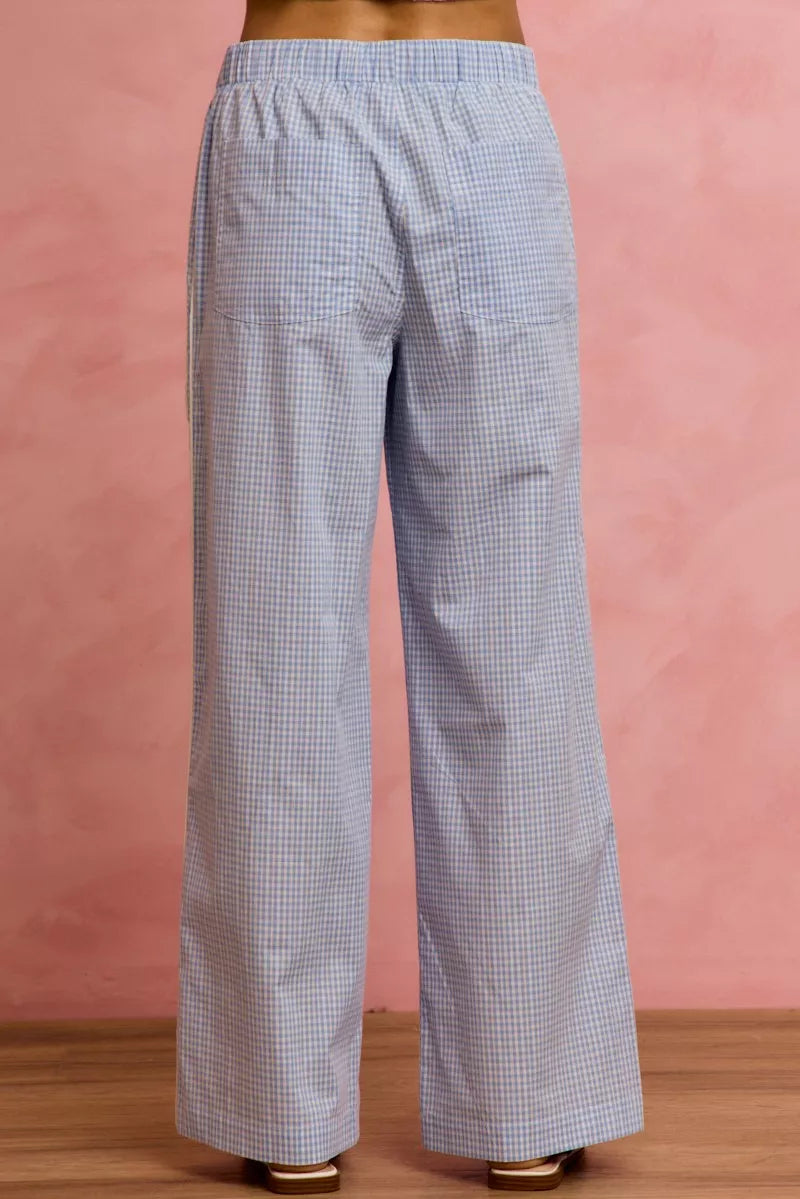 SO ME wide check pants in light blue white gingham with elastic waist