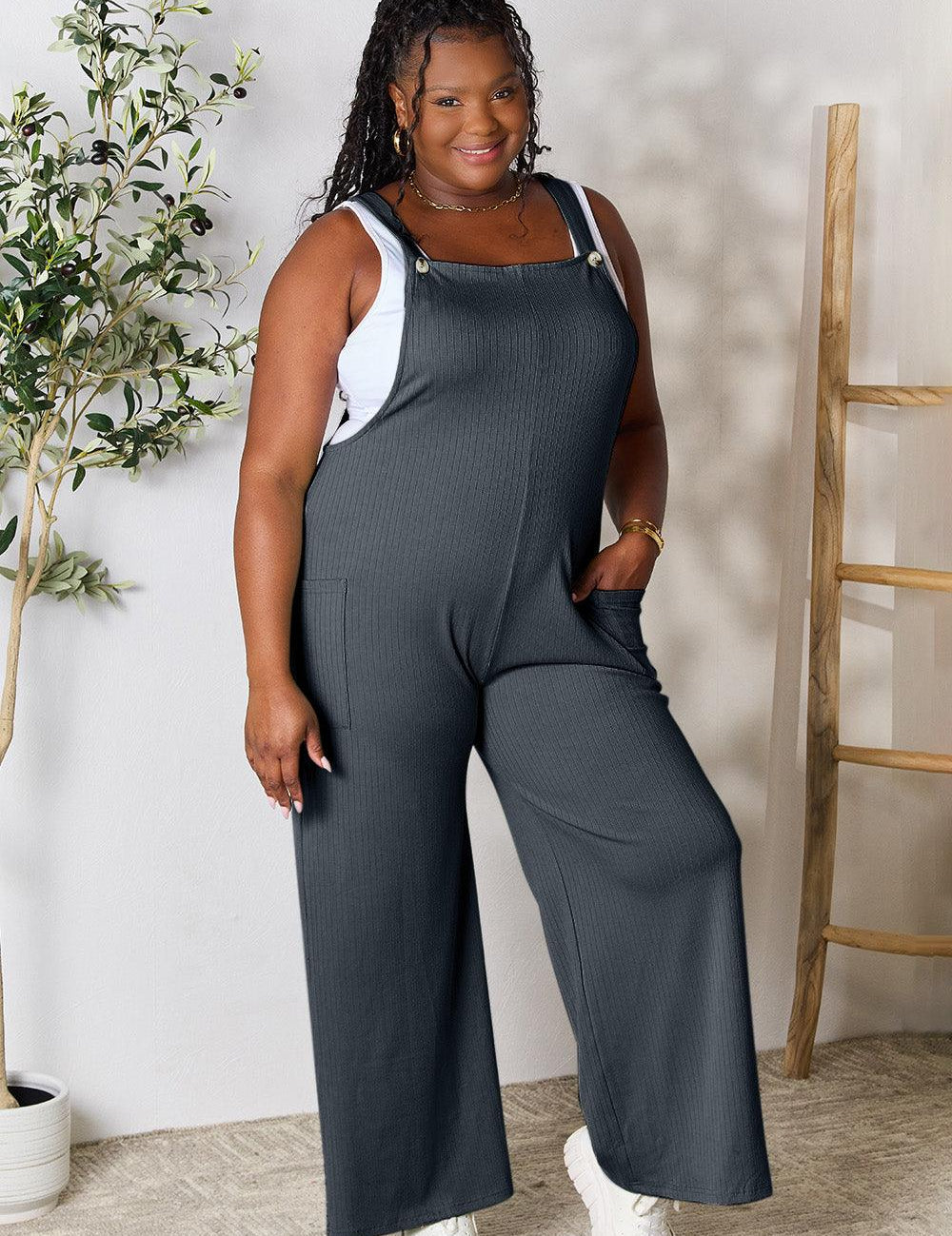 Cloudy Blue M Double Take Full Size Wide Strap Overall with Pockets | Overalls Daverri Fashions