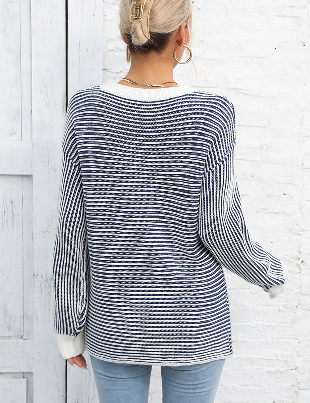 Angel Wings Striped Round Neck Long Sleeve Knit Top | Sweaters Daverri Fashions