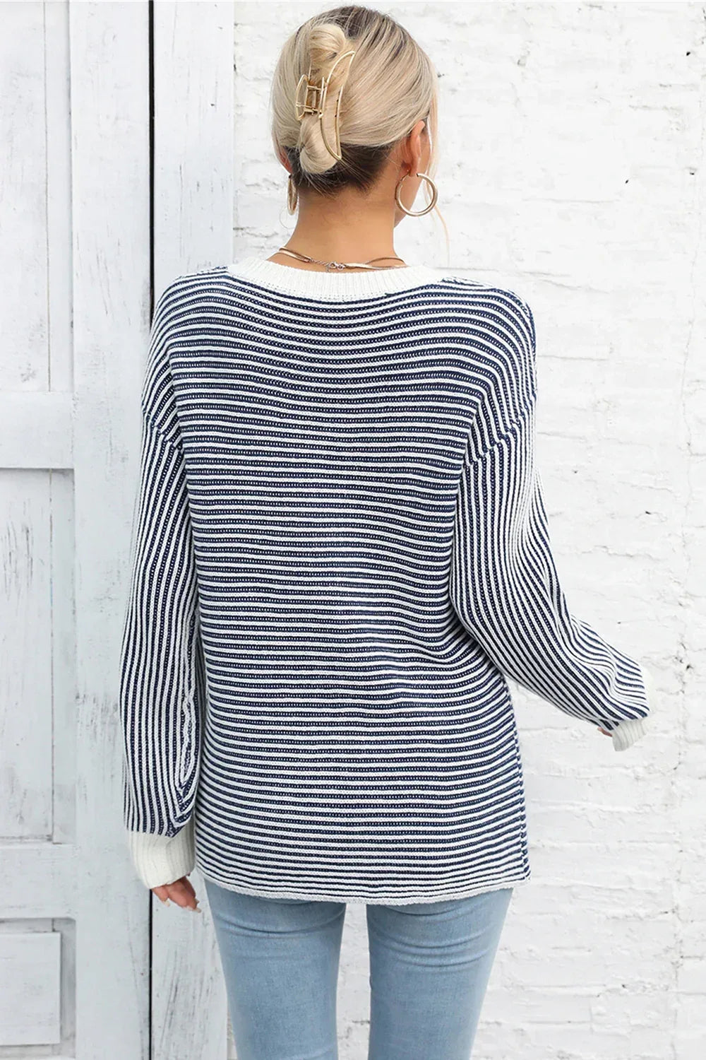 Angel Wings Striped Round Neck Long Sleeve Knit Top - DAVERRI FASHIONS