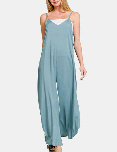 Zenana Spaghetti Strap Wide Leg Overalls with Pockets BLUE GREY Overalls