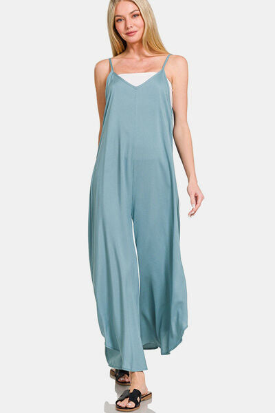 Zenana Spaghetti Strap Wide Leg Overalls with Pockets BLUE GREY Overalls