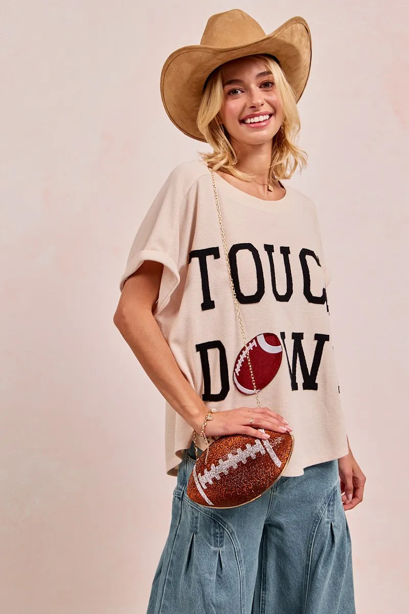 BiBi Game Day Touchdown Letter Patches Waffle Short Top | Tops Daverri Fashions