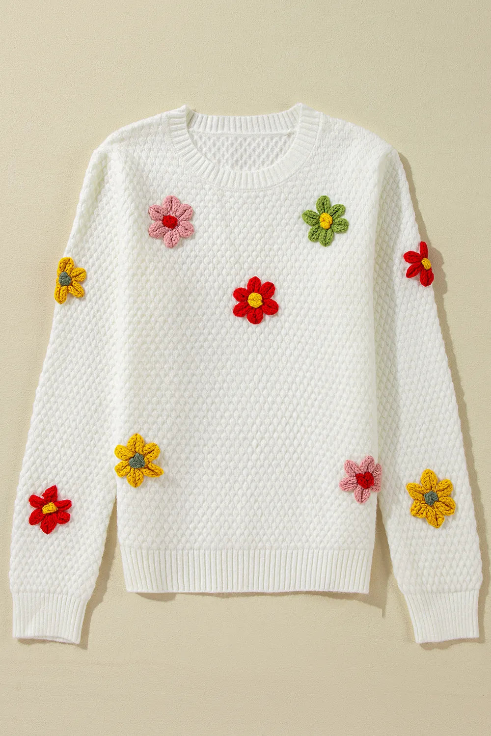 Crochet Flower Round Neck Long Sleeve Sweater | Sweaters Daverri Fashions
