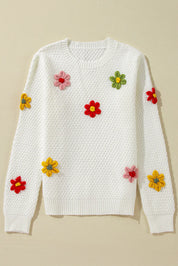 Crochet Flower Round Neck Long Sleeve Sweater | Sweaters Daverri Fashions