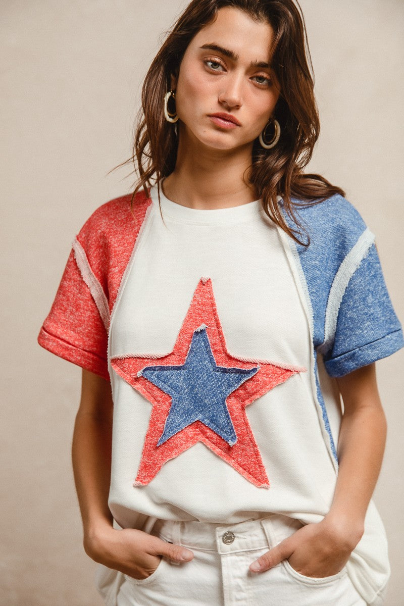 BiBi Fourth of July t-shirt with star denim patches on front