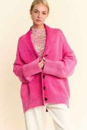 Davi & Dani Shawl Collar Ribbed Detail Button Up Cardigan Hot Pink Tops