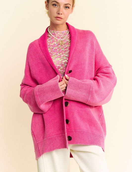 Davi & Dani Shawl Collar Ribbed Detail Button Up Cardigan Hot Pink Tops