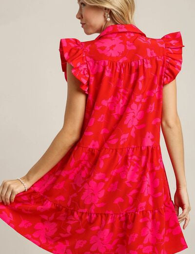 Umgee Full Size Floral Print Ruffle Cap Sleeve Tiered Dress Plus Size