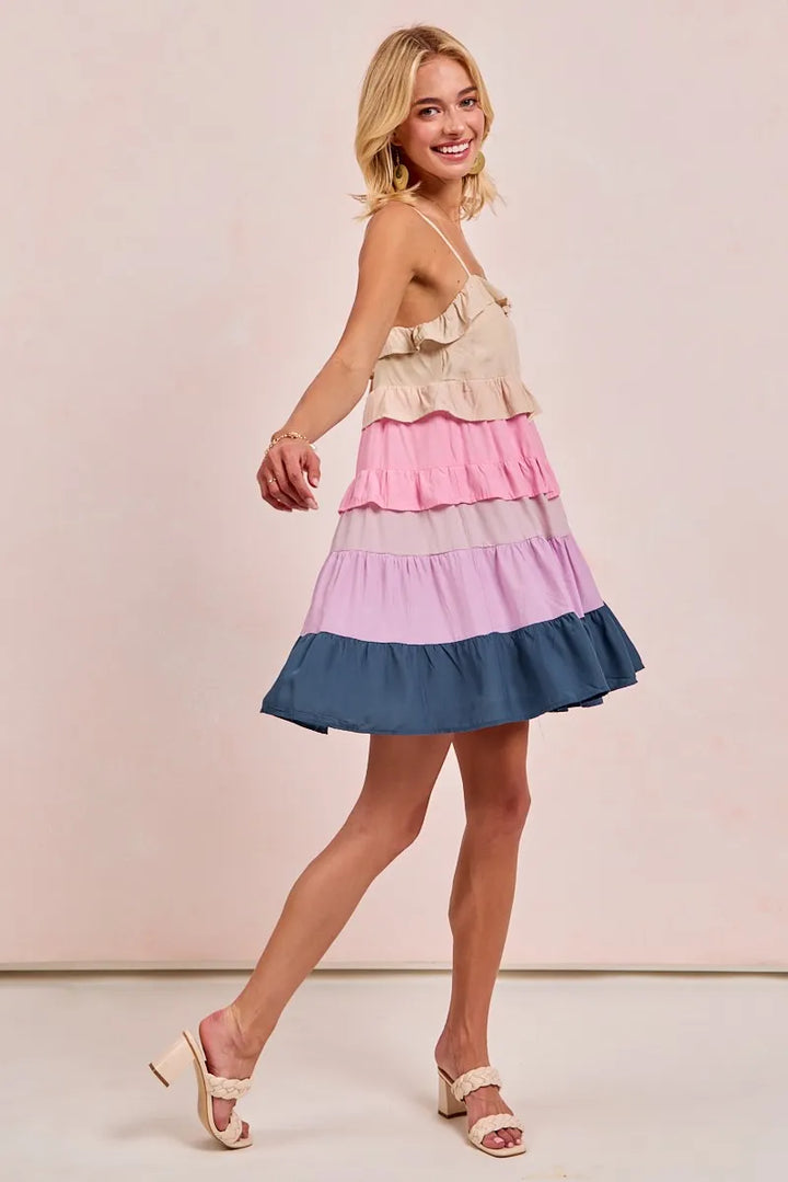 BiBi Color Blocked Tiered Dress Mini Dresses