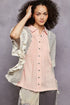 POL Button Down Front Pleated Shirt with Crochet Patch - DAVERRI FASHIONS