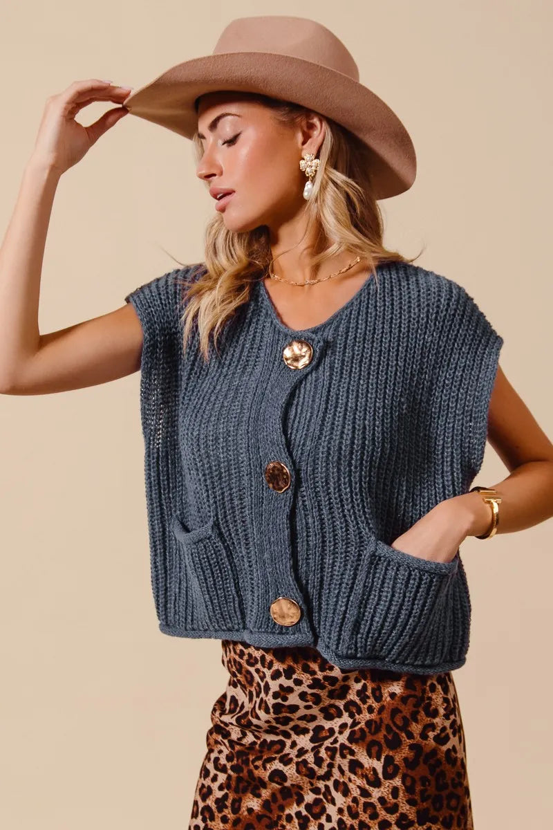 SO ME Big Metal Button Front Sweater Vest Sweater Vests