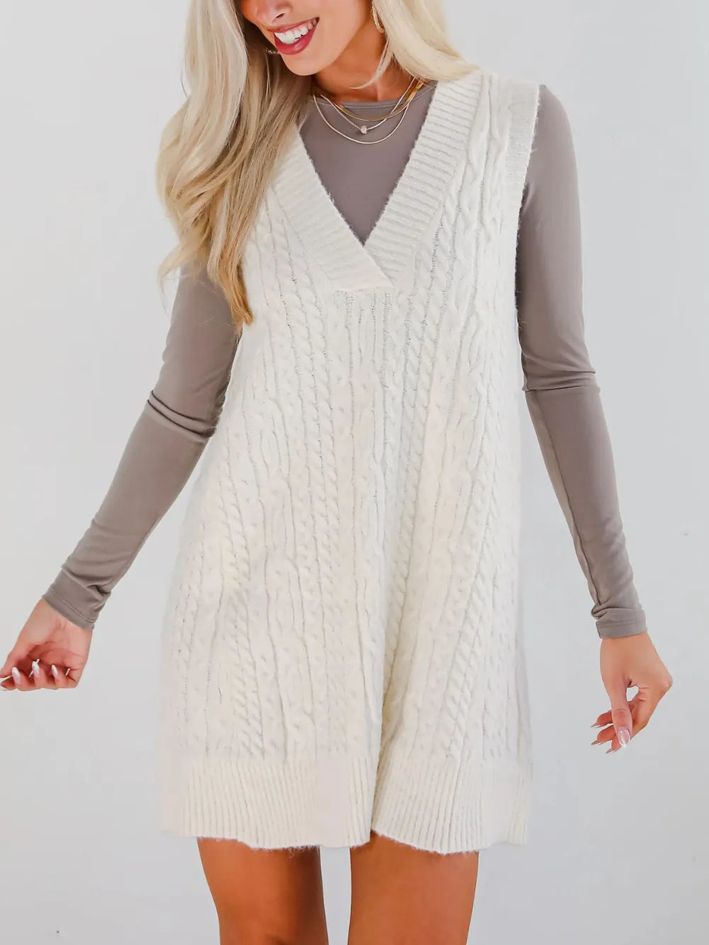 White Lovelet Cable Knit V-Neck Mini Sweater Overall Dress | Mini Dresses Daverri Fashions