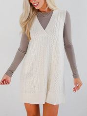 White Lovelet Cable Knit V-Neck Mini Sweater Overall Dress | Mini Dresses Daverri Fashions