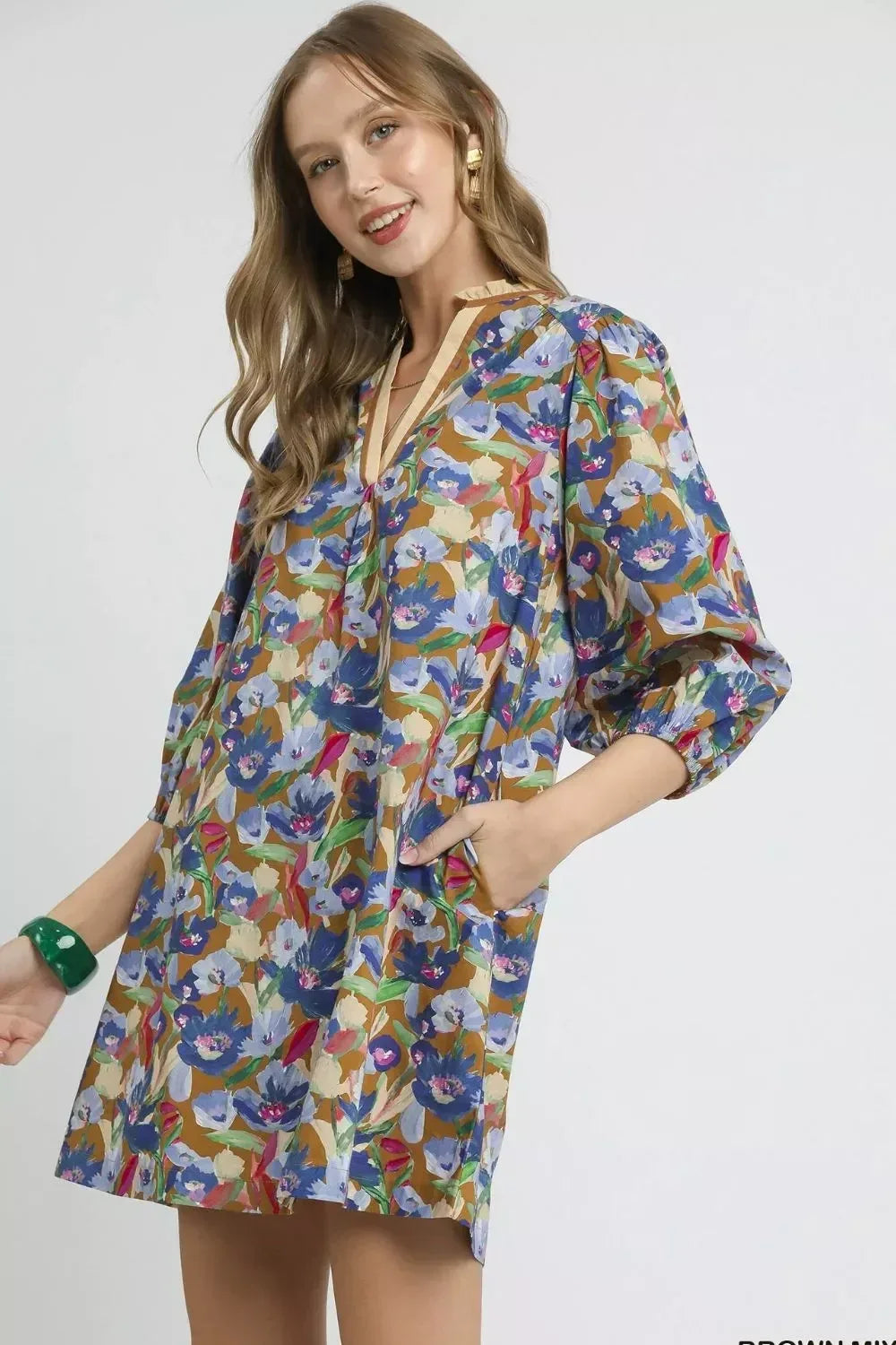 Umgee Boho Floral Balloon Sleeve Mini Dress - DAVERRI FASHIONS