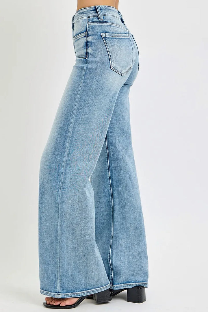 RISEN Full Size Mid Rise Wide Jeans with Front Patch Pockets Jeans