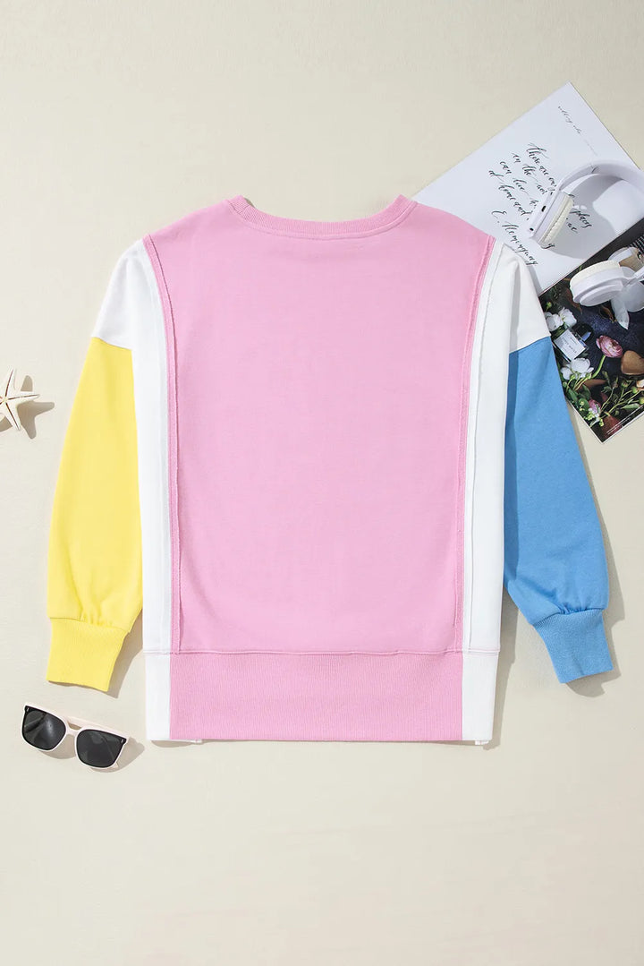 Slit Contrast Round Neck Long Sleeve Sweatshirt Tops