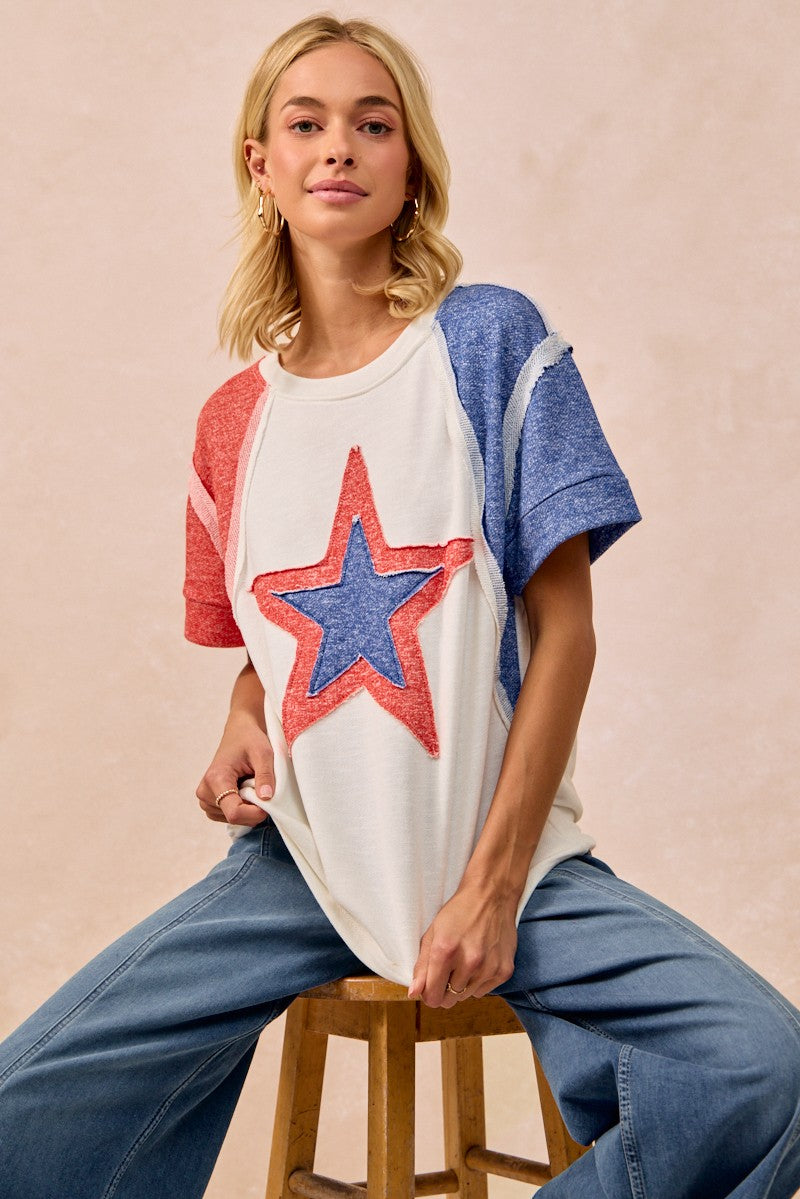 BiBi Fourth of July star raglan t-shirt in white red blue textured knit