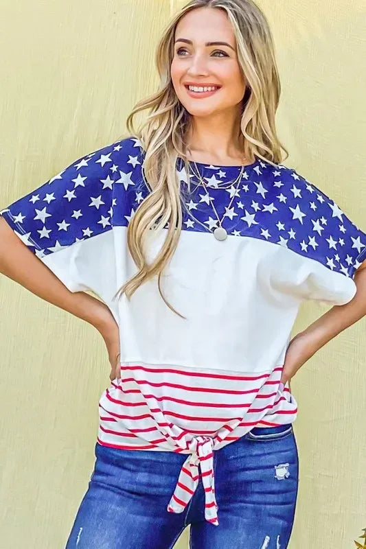 And The Why American Flag Print Tie Knot Front Casual Top - DAVERRI FASHIONS