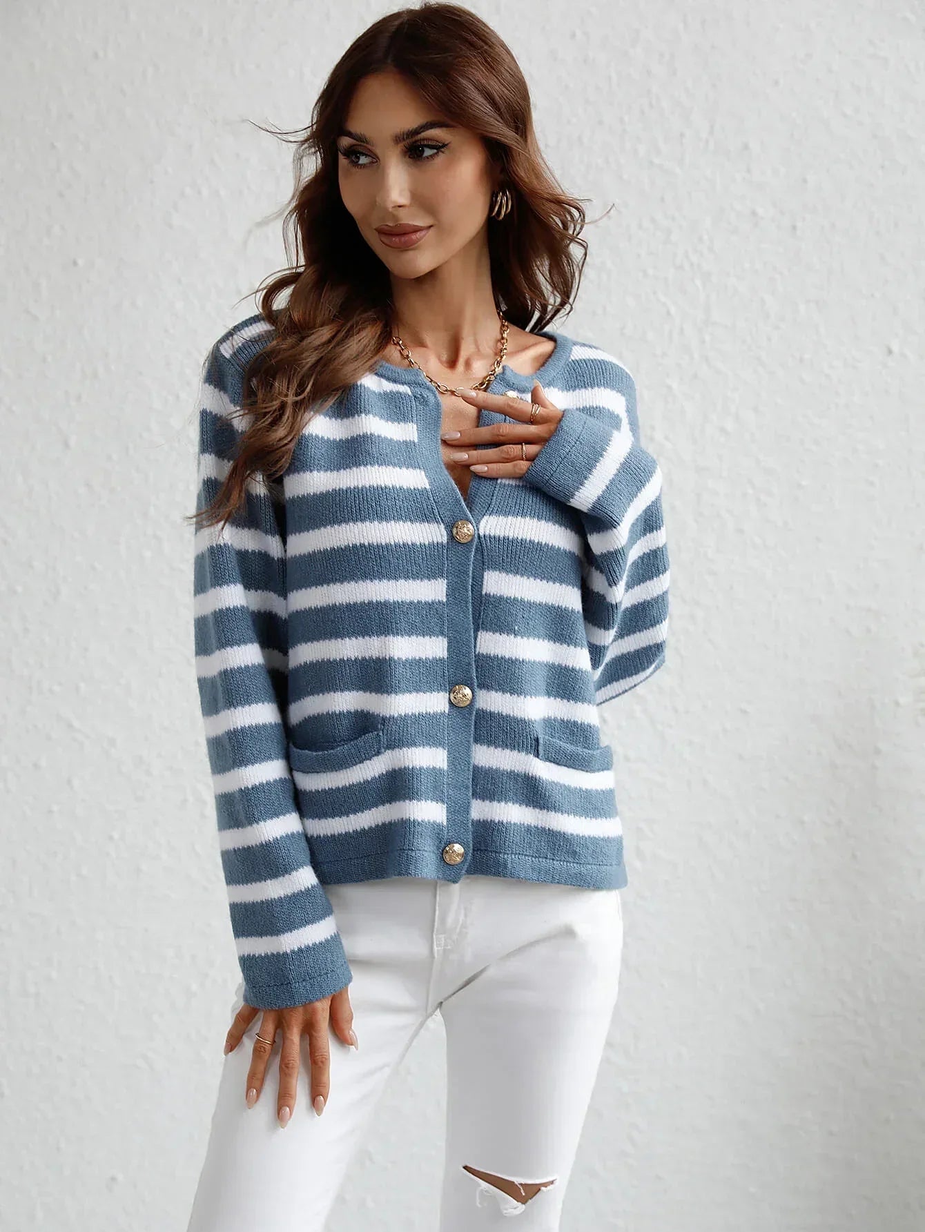 Striped Button Front Cardigan - DAVERRI FASHIONS