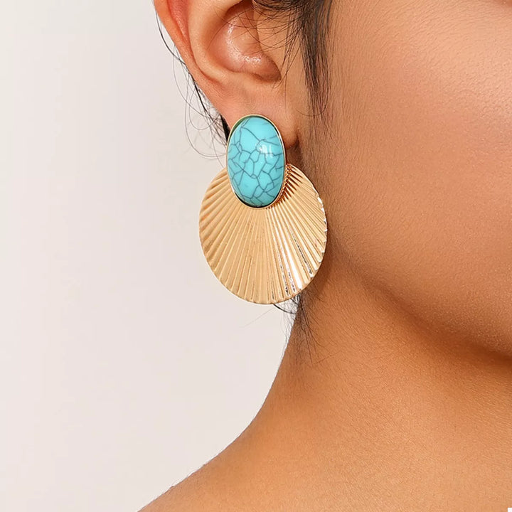 Golden onesize Turquoise Stone Fan Drop Earrings | Earrings Daverri Fashions