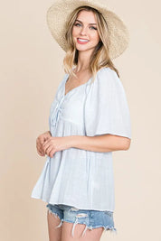 Lime 'N' Chili Thin Striped with Tie Front Babydoll Top | Tops Daverri Fashions