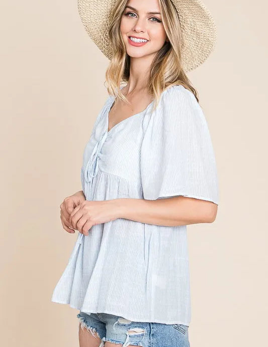 Lime 'N' Chili Thin Striped with Tie Front Babydoll Top | Tops Daverri Fashions