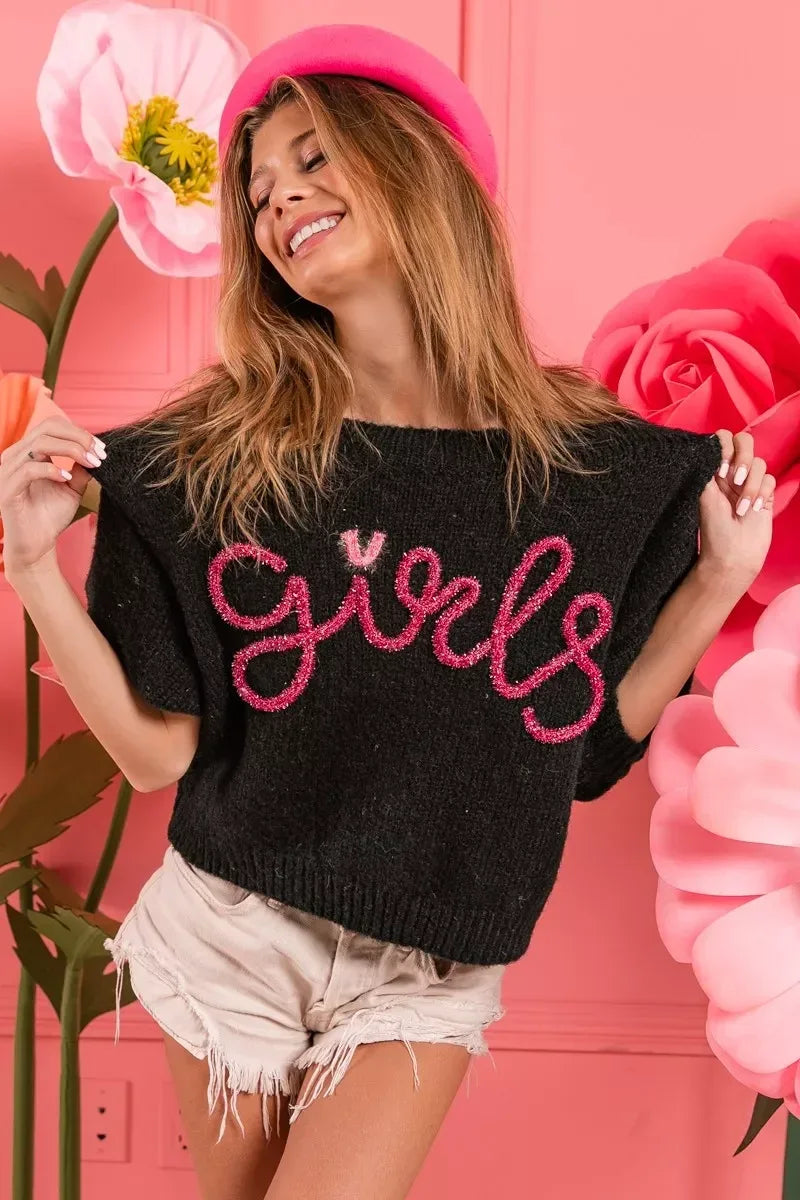 BiBi Metallic Letter Short Puff Sleeve Hairy Sweater - DAVERRI FASHIONS
