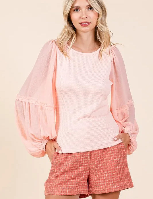 PEACH Mittoshop Mixed Media Textured Knit Chiffon Long Sleeve Top | Blouses Daverri Fashions