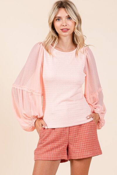 Mittoshop Mixed Media Textured Knit Chiffon Long Sleeve Top PEACH Tops