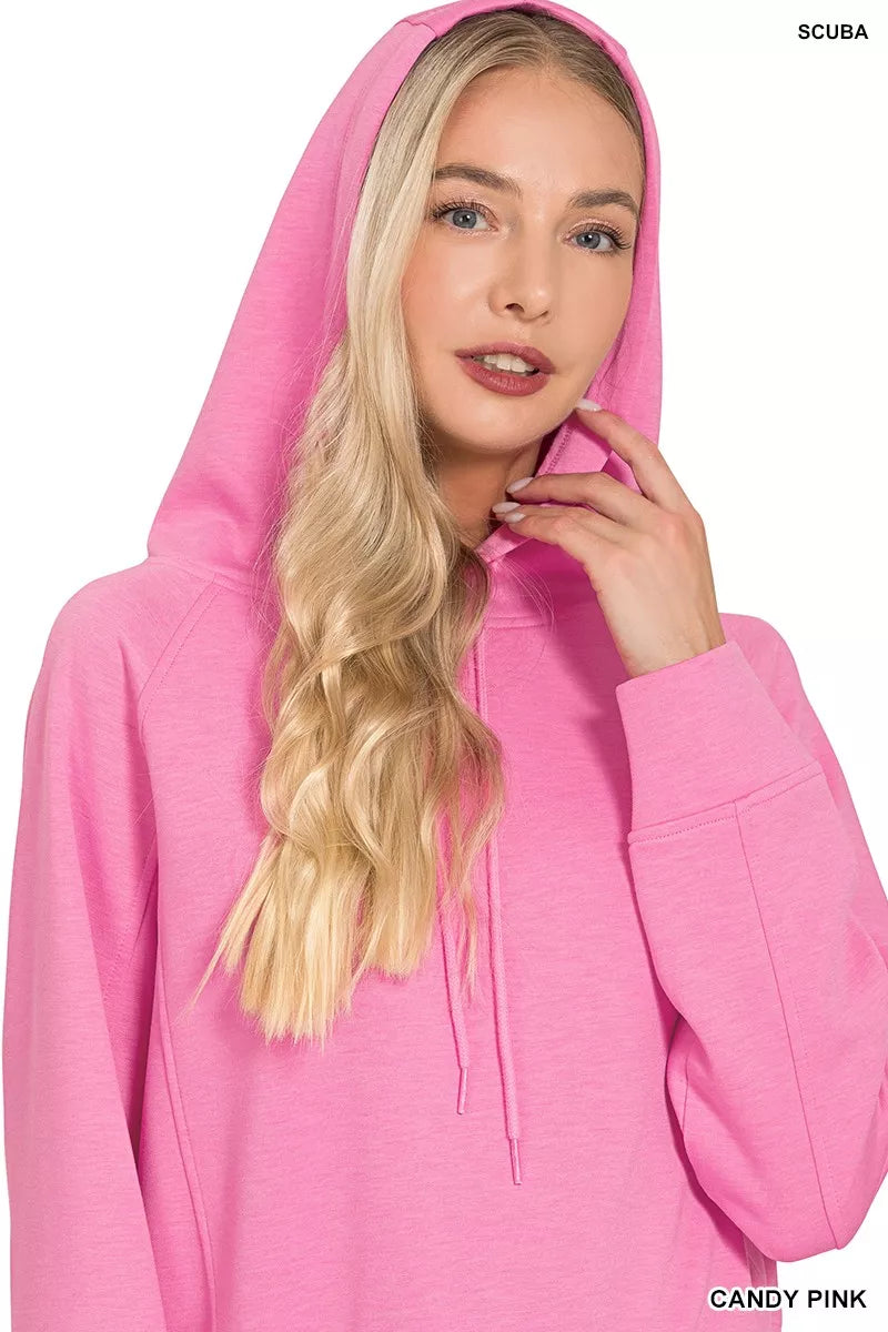 Candy pink Zenana Drawstring Scuba Hoodie with heathered texture