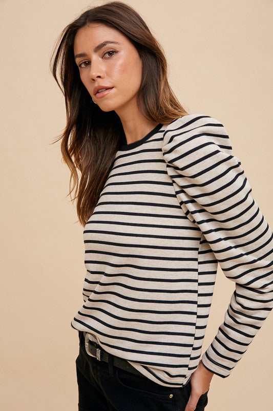 Annie Wear Striped Round Neck Puff Sleeve French Terry Top Tops