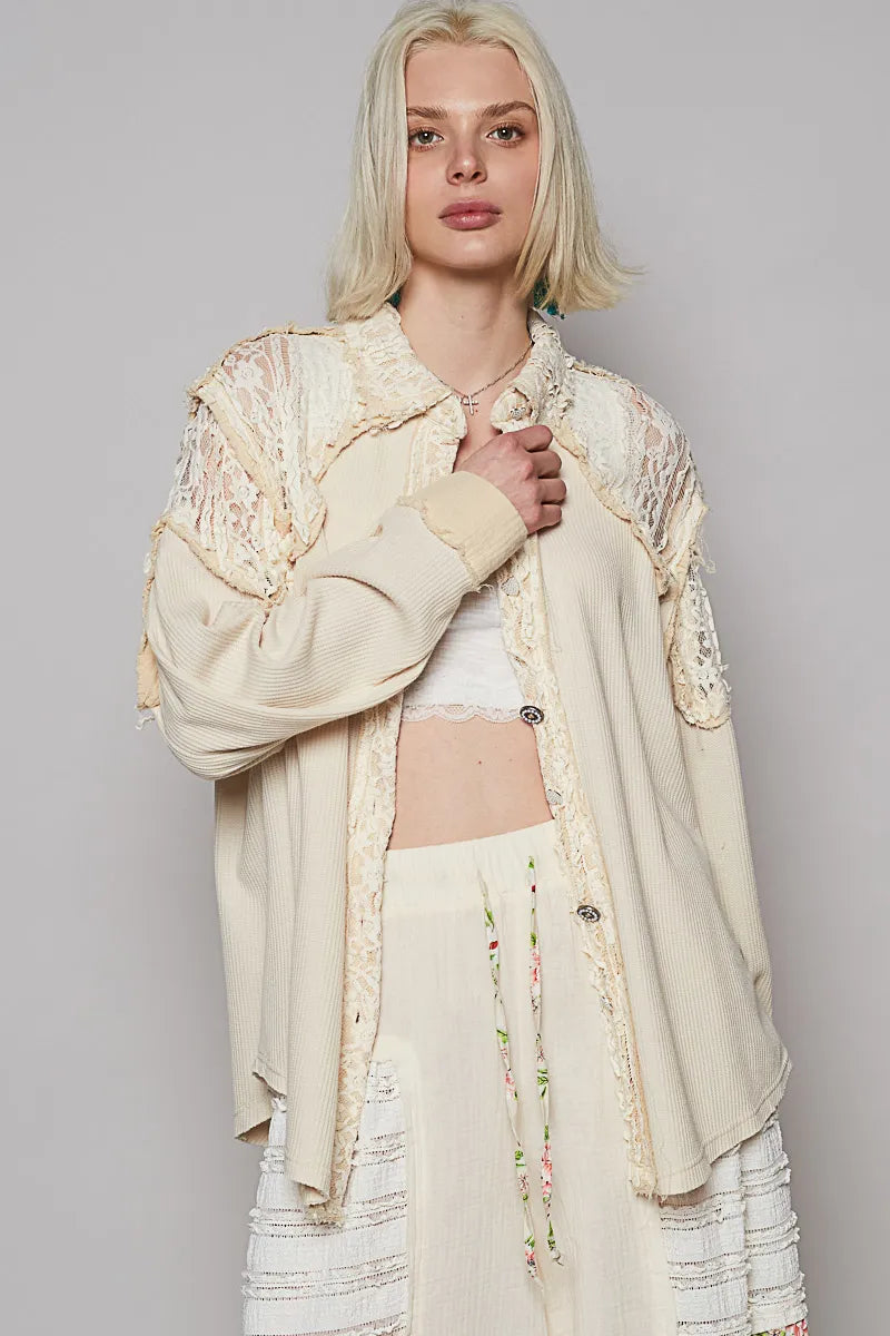 POL Lace Patchwork Button Up Shacket | Shackets Daverri Fashions