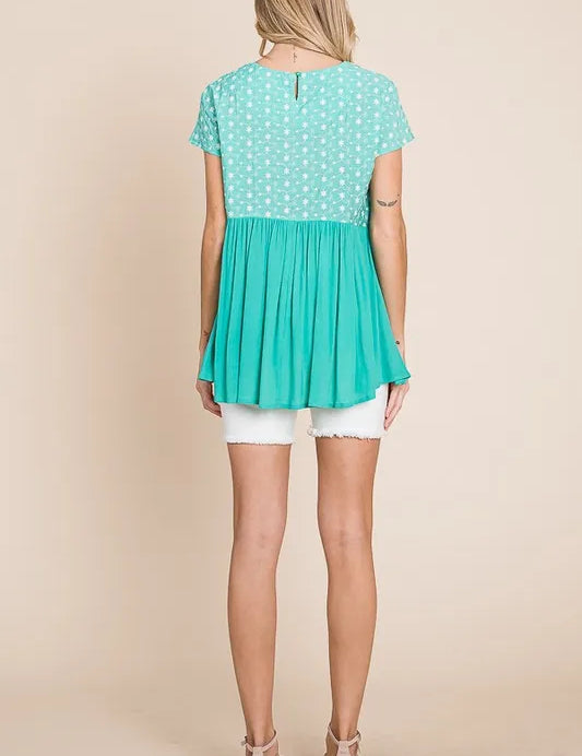Lime 'N' Chili Full Size Embroidered Short Sleeve Pleated Babydoll Top Plus Size | Tops Daverri Fashions