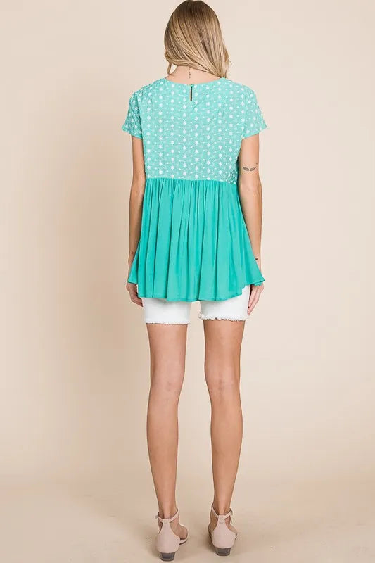 Lime 'N' Chili Full Size Embroidered Short Sleeve Pleated Babydoll Top Plus Size | Tops Daverri Fashions