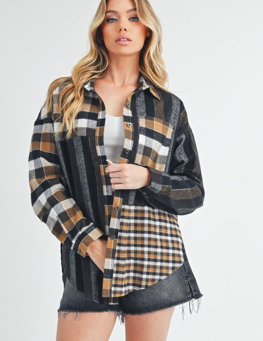 Aem+Co Curved Hem Plaid Button Up Shirt Black