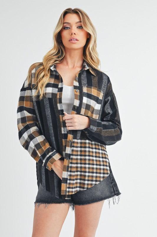 Aem+Co Curved Hem Plaid Button Up Shirt Black Shirts