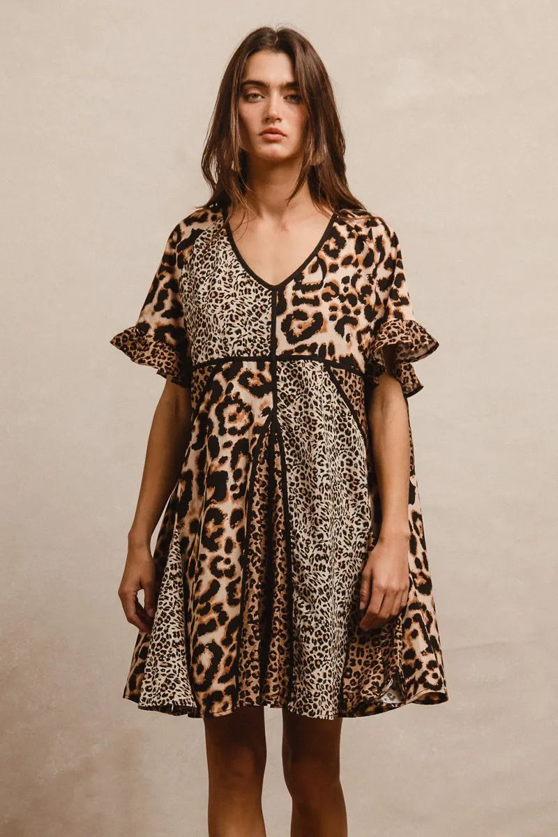BiBi Leopard Prints Mix and Match Short Sleeves Dress Mini Dresses