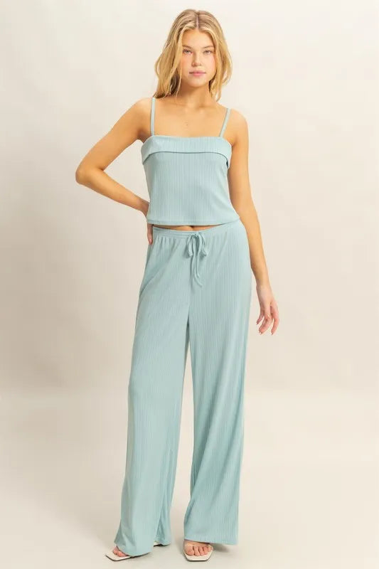 HYFVE Rib Knit Cami Top and Pants Set AQUA M Outfit Sets