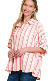 Zenana Woven Yarn-Dye Stripe Oversized Button Down Shirt | Daverri Fashions
