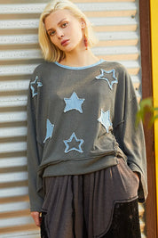 POL Exposed Seam Relaxed Fit Sweater with Star Denim Patch | Sweaters Daverri Fashions