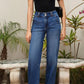 High-waisted blue Daverri flared leg jeans with double button zip fly