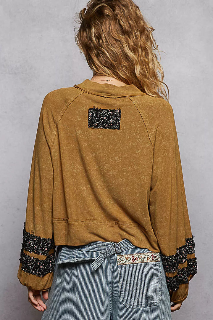 POL Print Patch Round Neck Balloon Sleeve Cropped Top | Tops Daverri Fashions
