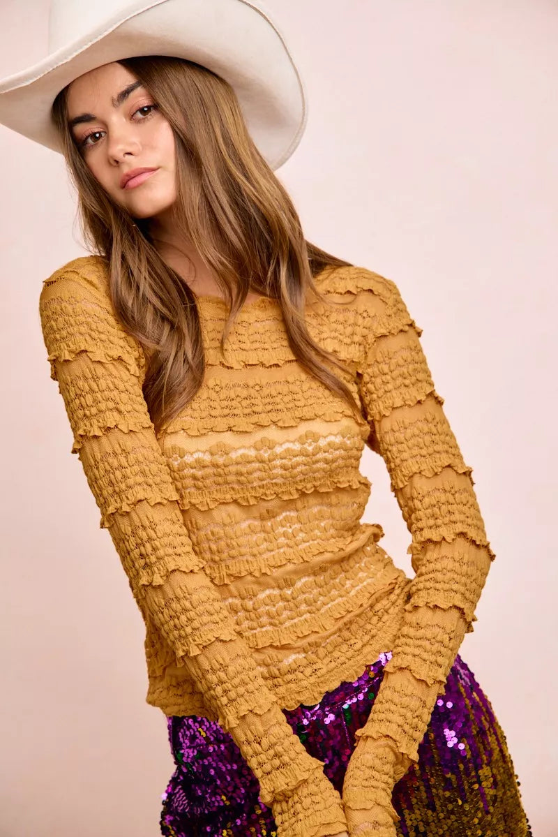 Mustard yellow ruffled BiBi lace top with cowboy hat
