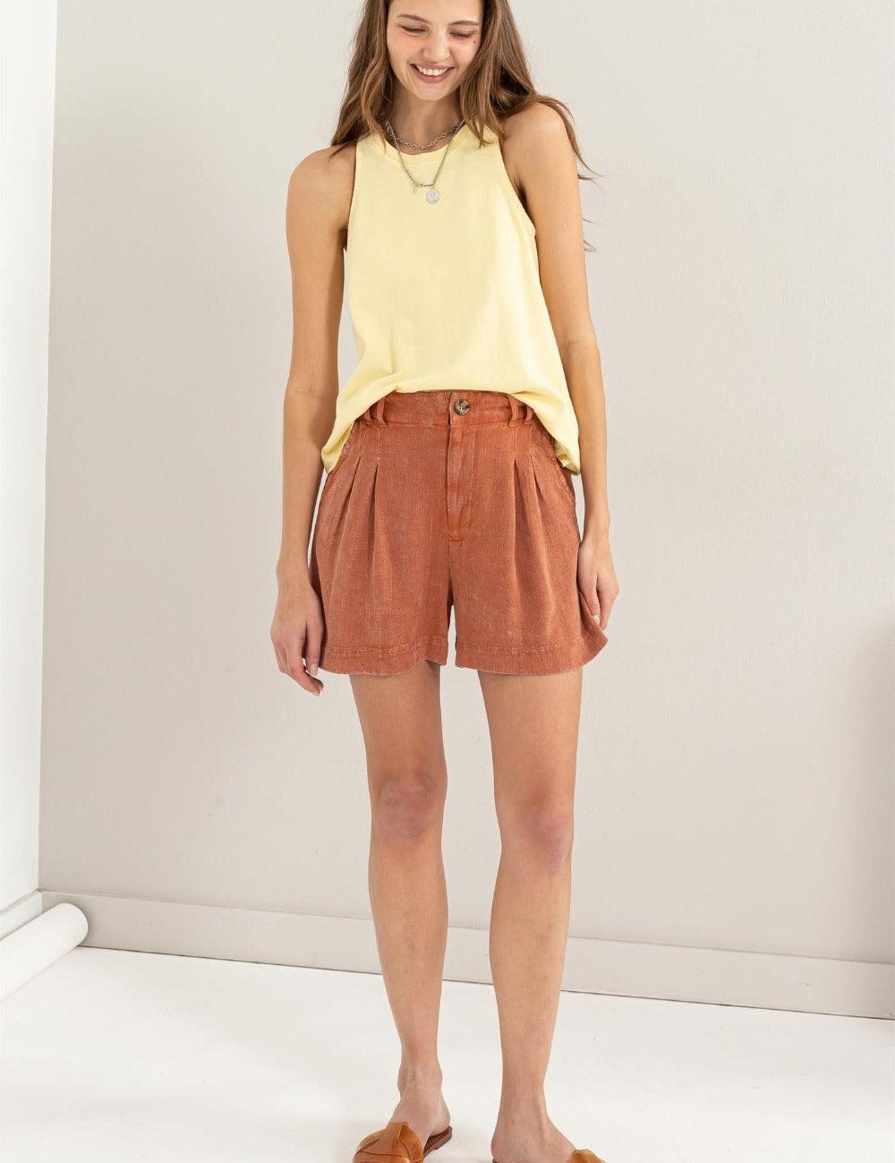 High Waist Pleated Linen Shorts Bottoms