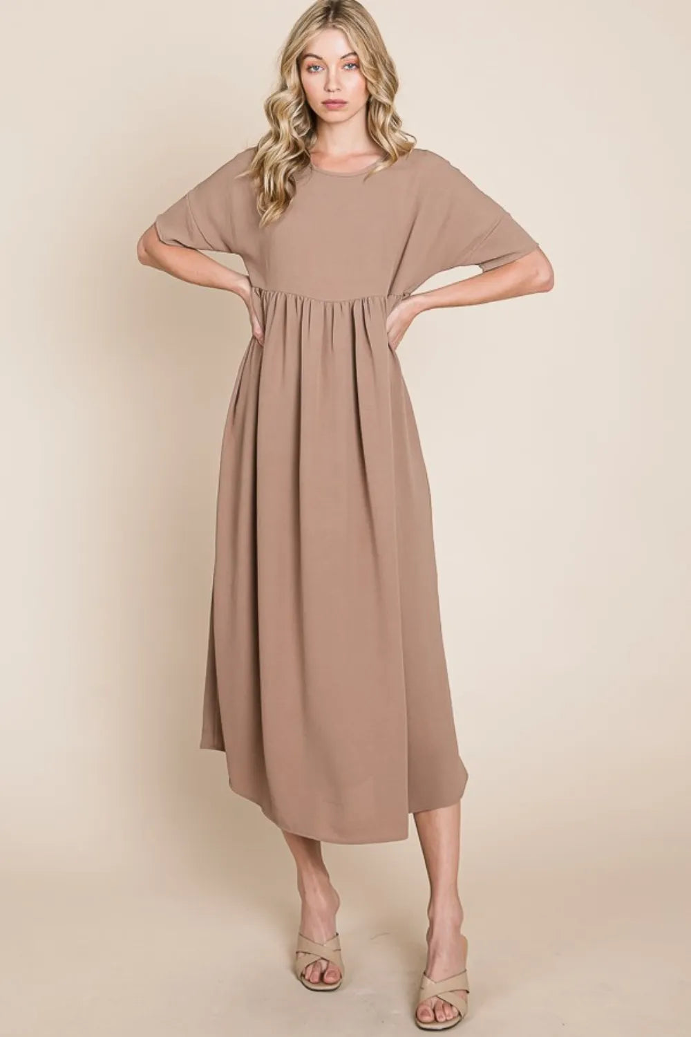 BOMBOM Round Neck Ruched Midi Dress Mocha