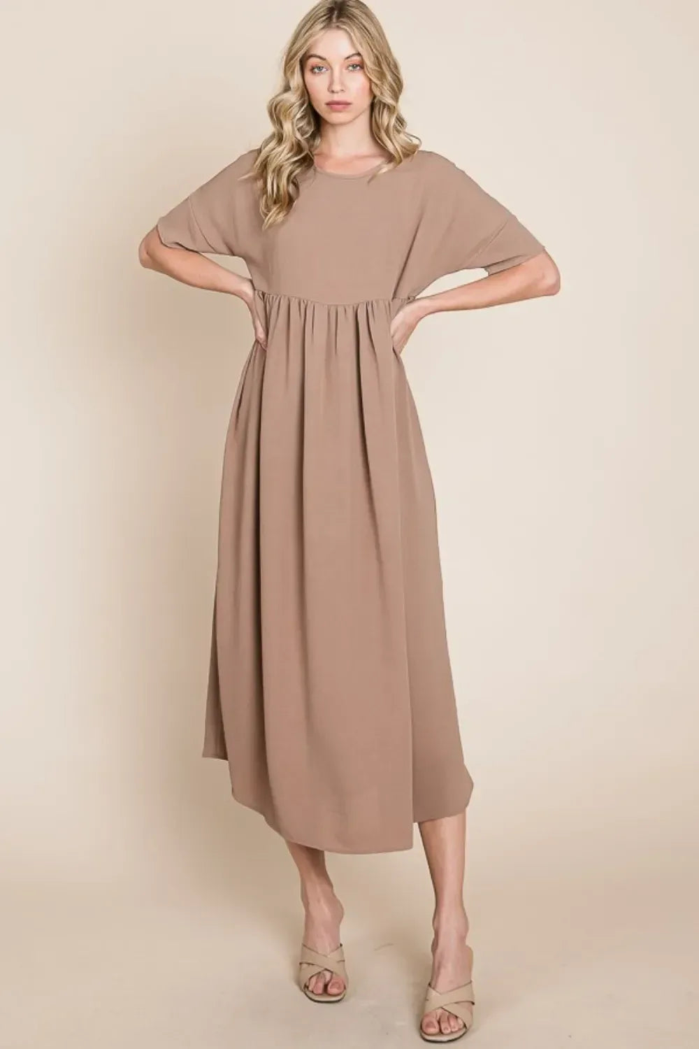 BOMBOM Round Neck Ruched Midi Dress - DAVERRI FASHIONS