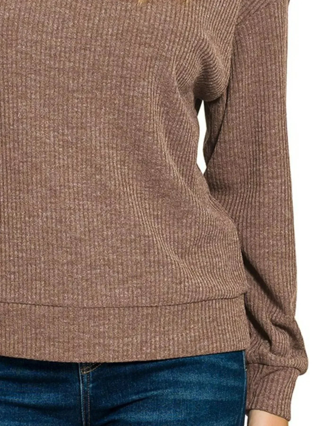 Ribbed Long Sleeve Hoodie Brown - DAVERRI FASHIONS